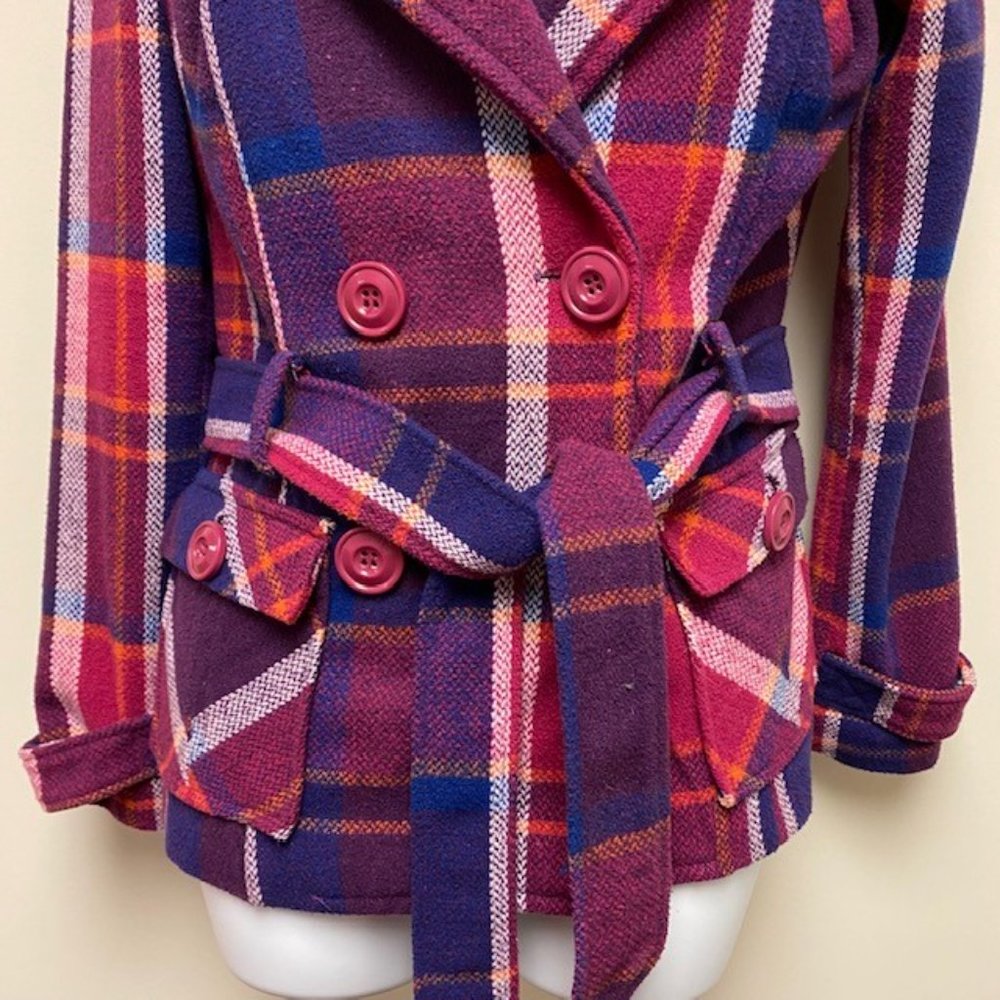DEB Vintage 80's Trench Style Pea Coat Wool Blend Plaid Hood, size Small - Picture 3 of 15
